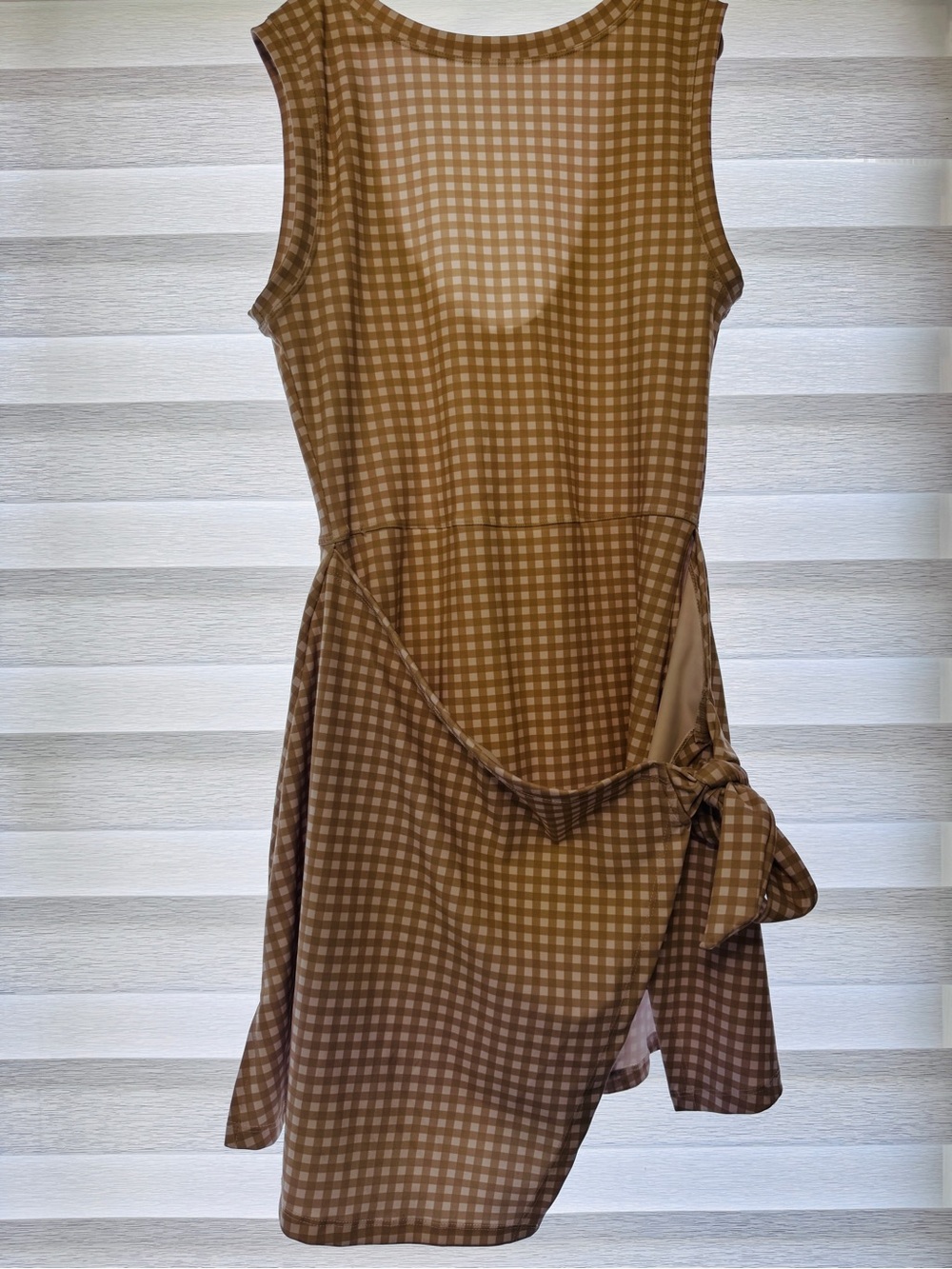 Talulah Sleeveless Tan Gingham Active Wrap Romper Dress